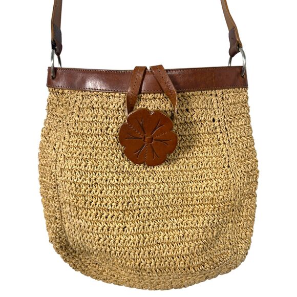 Fossil Raffia Straw Woven Brown Leather Floral Details Crossbody Purse Handbag - Picture 1 of 5